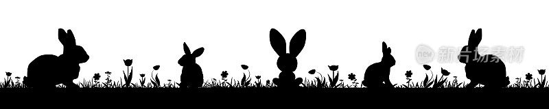 Silhouette of rabbits în a field  isolated on white background.